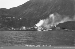 Det ryk frå omnshuset på Legeringsverket den 15. oktober 1912. Om det er sinkråmalm eller ferrokrom som blir forsøkt produsert er usagt.Foto: NVIM I-TY0472<br>